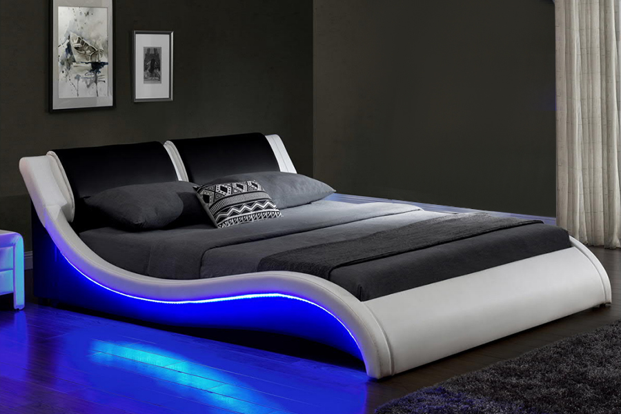1178-1 Cadru de pat futurist cu LED Wave tapitat cu LED