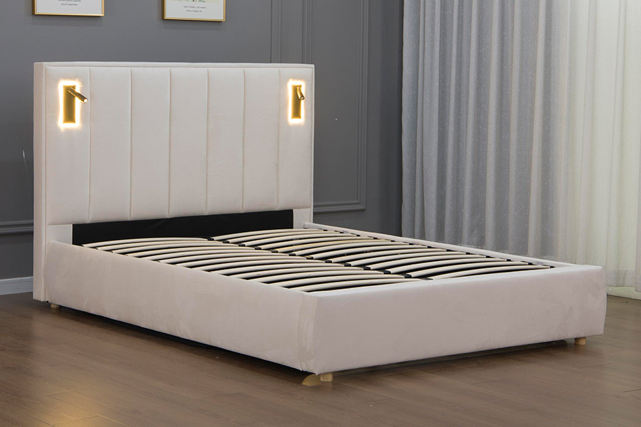 5033-1G Depozitare hidraulică Cadru de pat tapitat modern cu LED din catifea bej moale