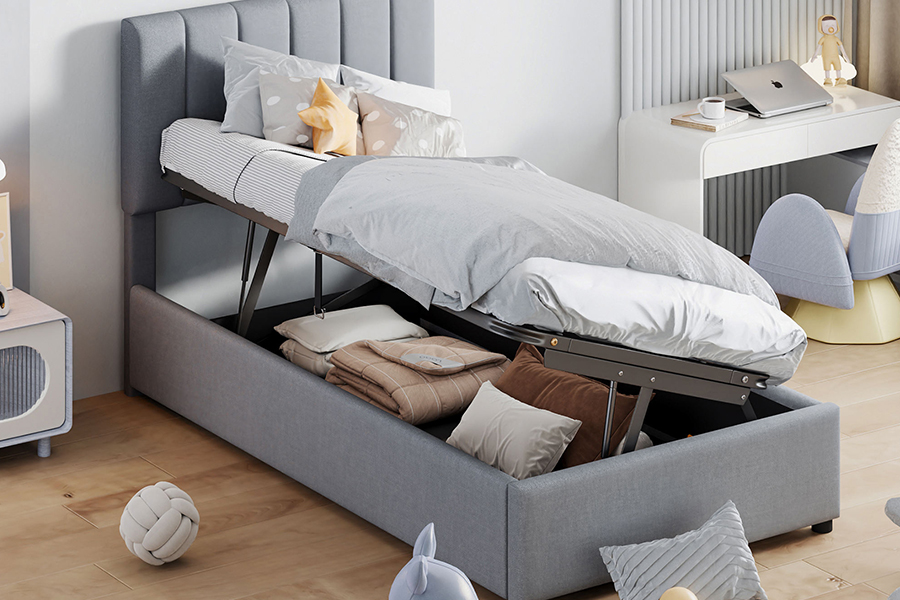 N16 Modern Grey Fabric Funcție de depozitare ridicabilă Cadru de pat tapitat