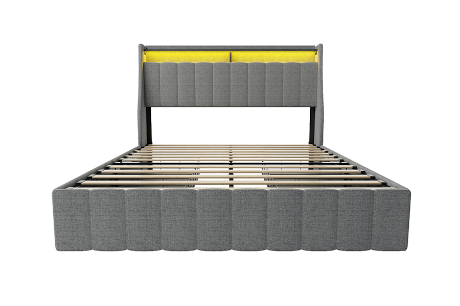Pat din stofă gri N2 Materiale ecologice Cadru de pat tapitat cu LED