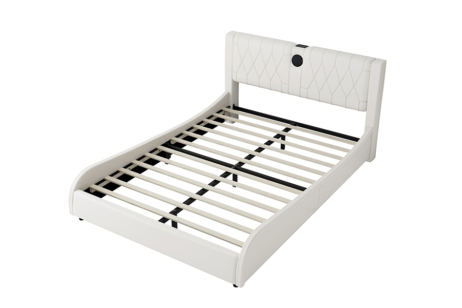 Pat cu platformă reglabilă N8 Pat modern alb moale Cadru pat tapitat cu LED