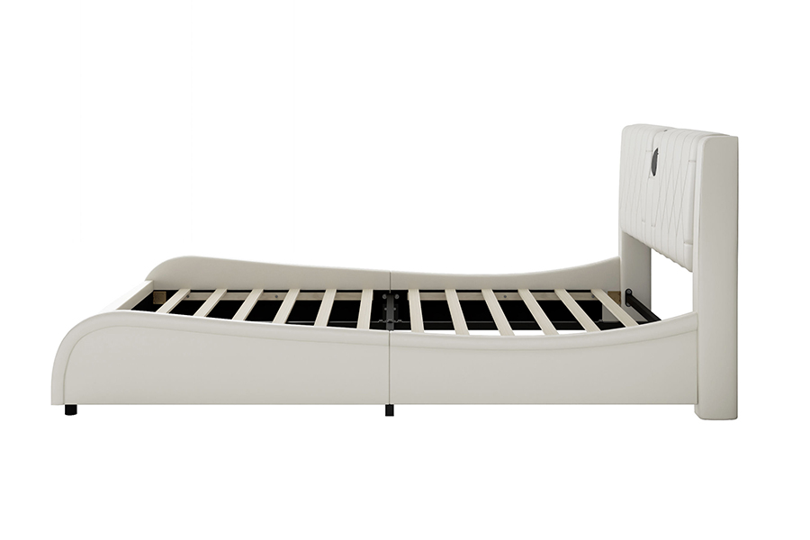 Pat cu platformă reglabilă N8 Pat modern alb moale Cadru pat tapitat cu LED