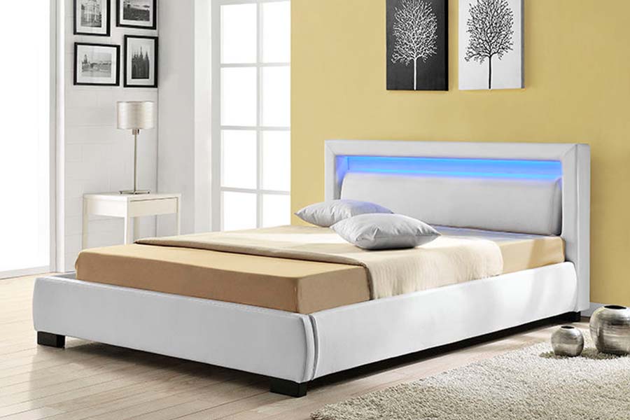 1857 Cadru de pat tapitat cu LED din piele artificială, modernă și contemporană