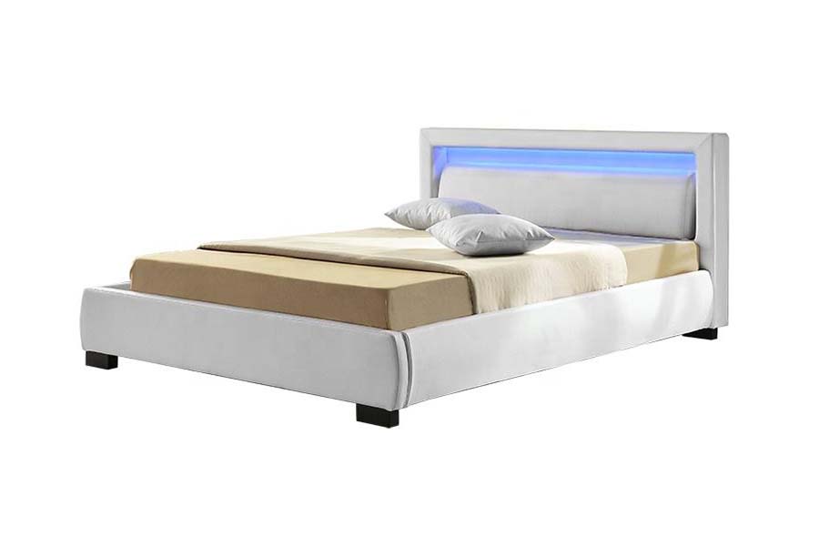 1857 Cadru de pat tapitat cu LED din piele artificială, modernă și contemporană