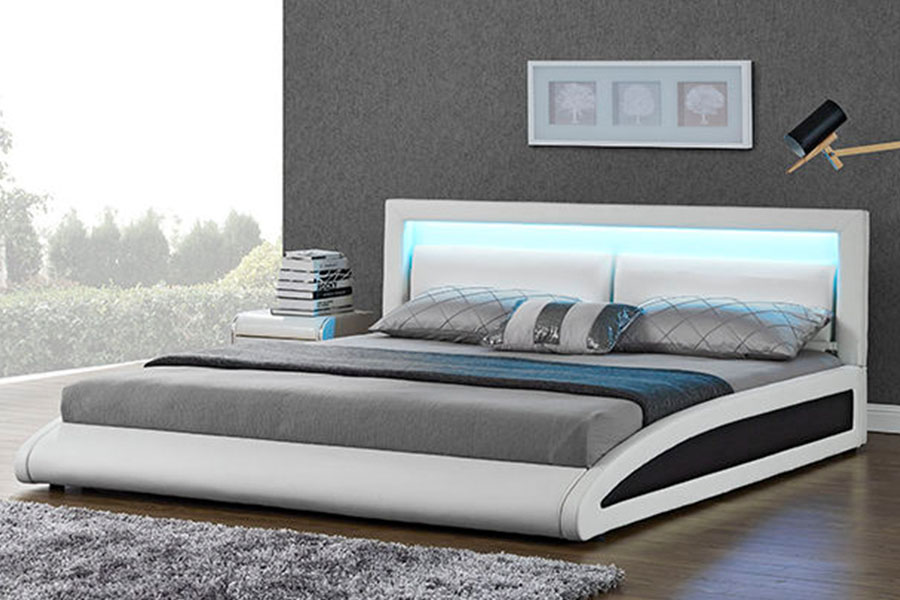 1118-1-2 Cadru de pat cu LED inteligent curbat din piele artificială europeană