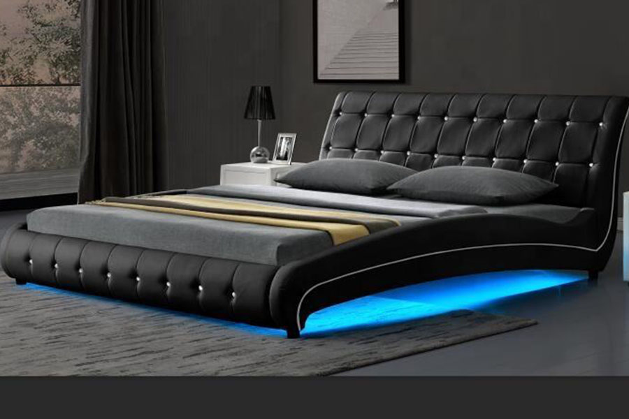 1144-1 Cadru de pat tapițat cu LED de lux din piele artificială