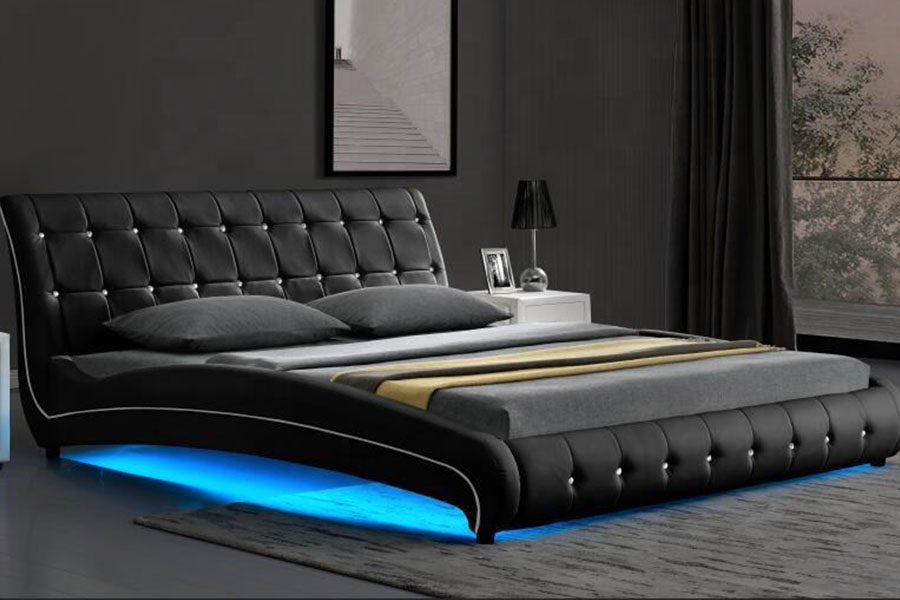 1144-1 Cadru de pat tapițat cu LED de lux din piele artificială