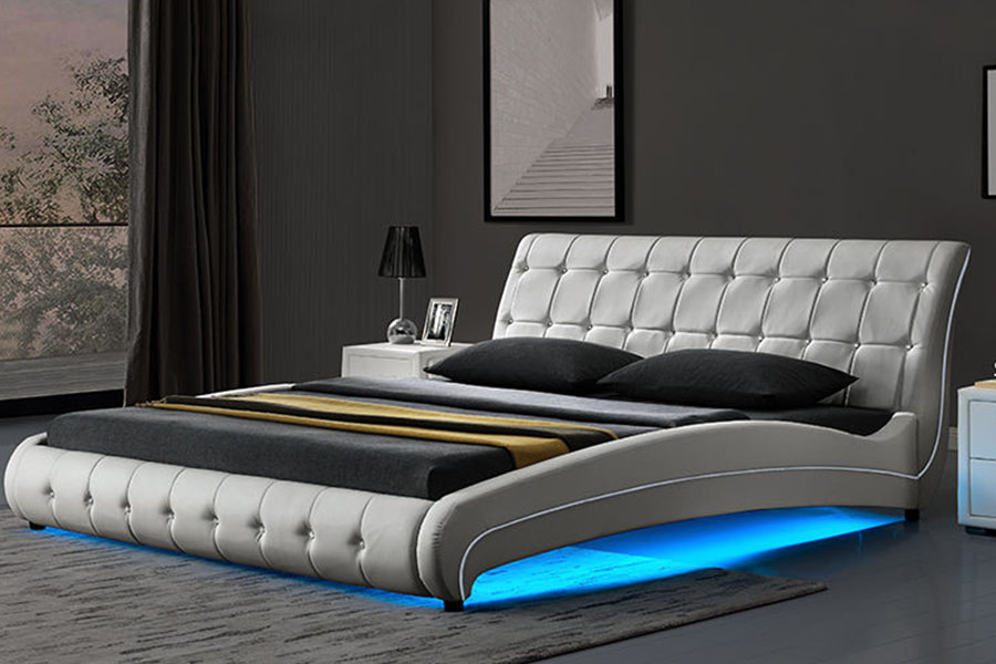 1144-1 Cadru de pat tapițat cu LED de lux din piele artificială