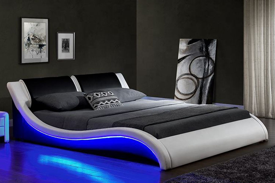 1187-1 Cadru pat tapitat king-size din piele italiană cu LED în formă de S