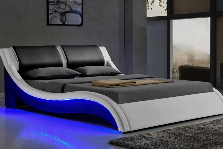 1187-1 Cadru pat tapitat king-size din piele italiană cu LED în formă de S