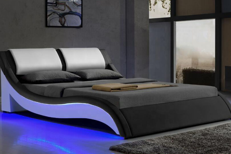 1187-1 Cadru pat tapitat king-size din piele italiană cu LED în formă de S