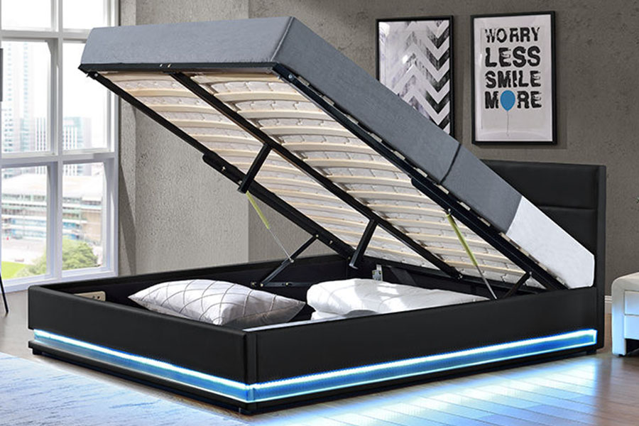 1165-1G Cadru pat tapitat cu LED pentru depozitare din piele de lux modern