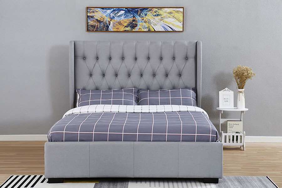 1310G Cadru de depozitare pentru pat cu tăblie înaltă Wingback gri-țesătură cu butoane