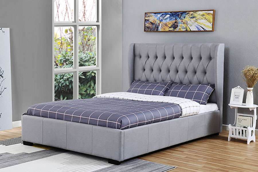 1310G Cadru de depozitare pentru pat cu tăblie înaltă Wingback gri-țesătură cu butoane