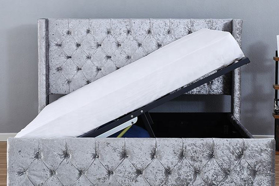 1290-1G Cadru de pat de depozitare din lemn cu aripi cu LED din catifea argintie