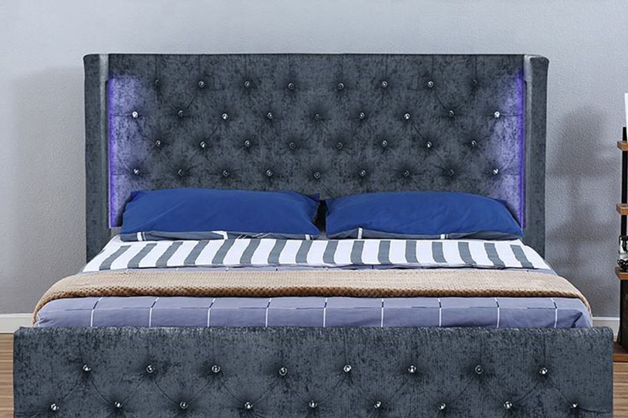 1290-1G Cadru de pat de depozitare din lemn cu aripi cu LED din catifea argintie